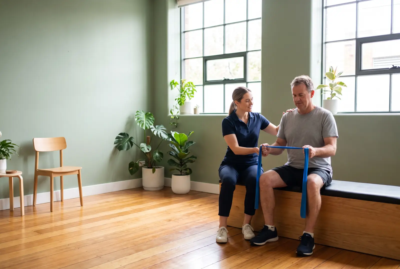 A physiotherapist guides a man through a resistance band exercise in a bright clinic room with sage walls and indoor plants