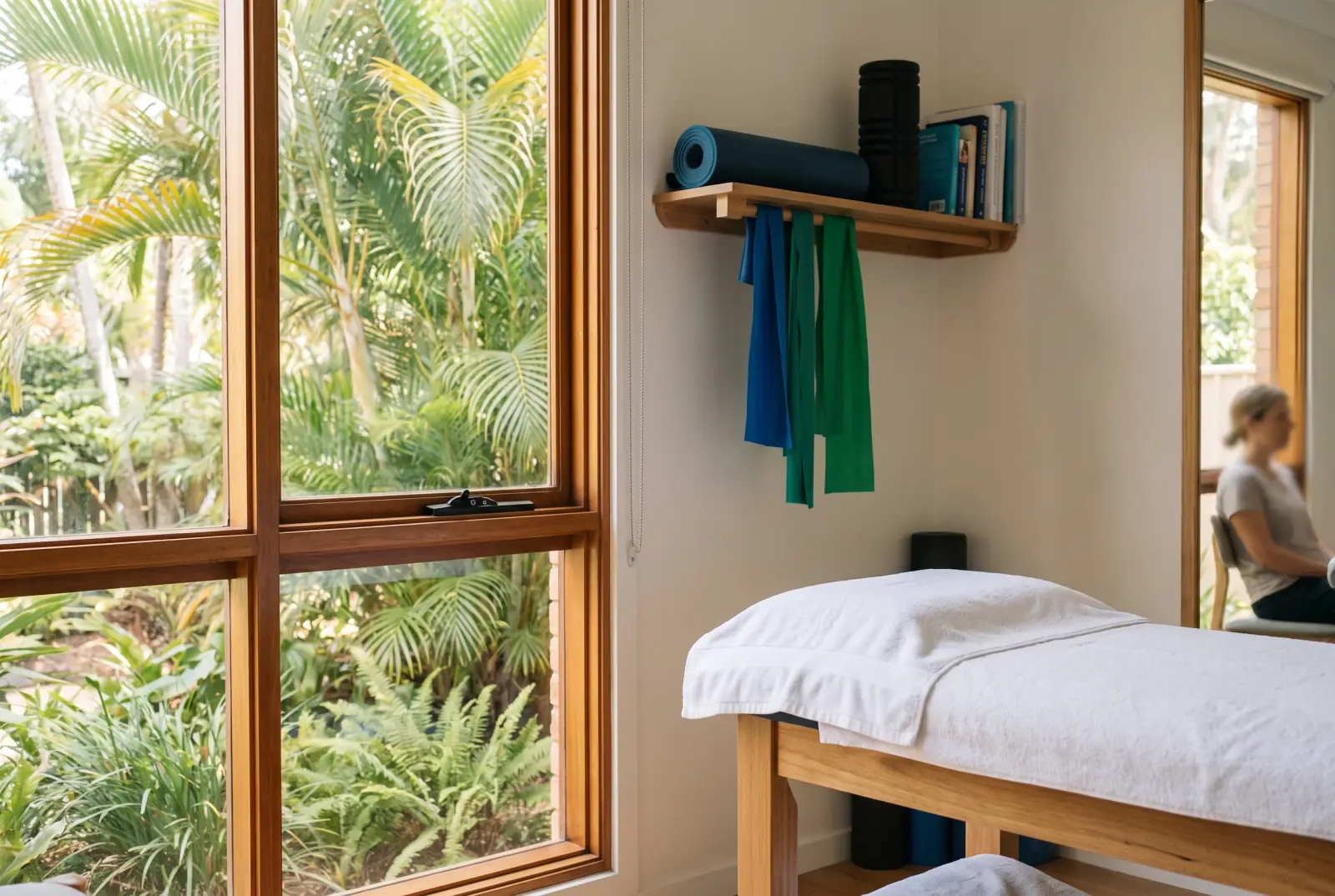 A quiet treatment room with a towel-covered table, exercise bands on a timber shelf and a window onto a tropical garden